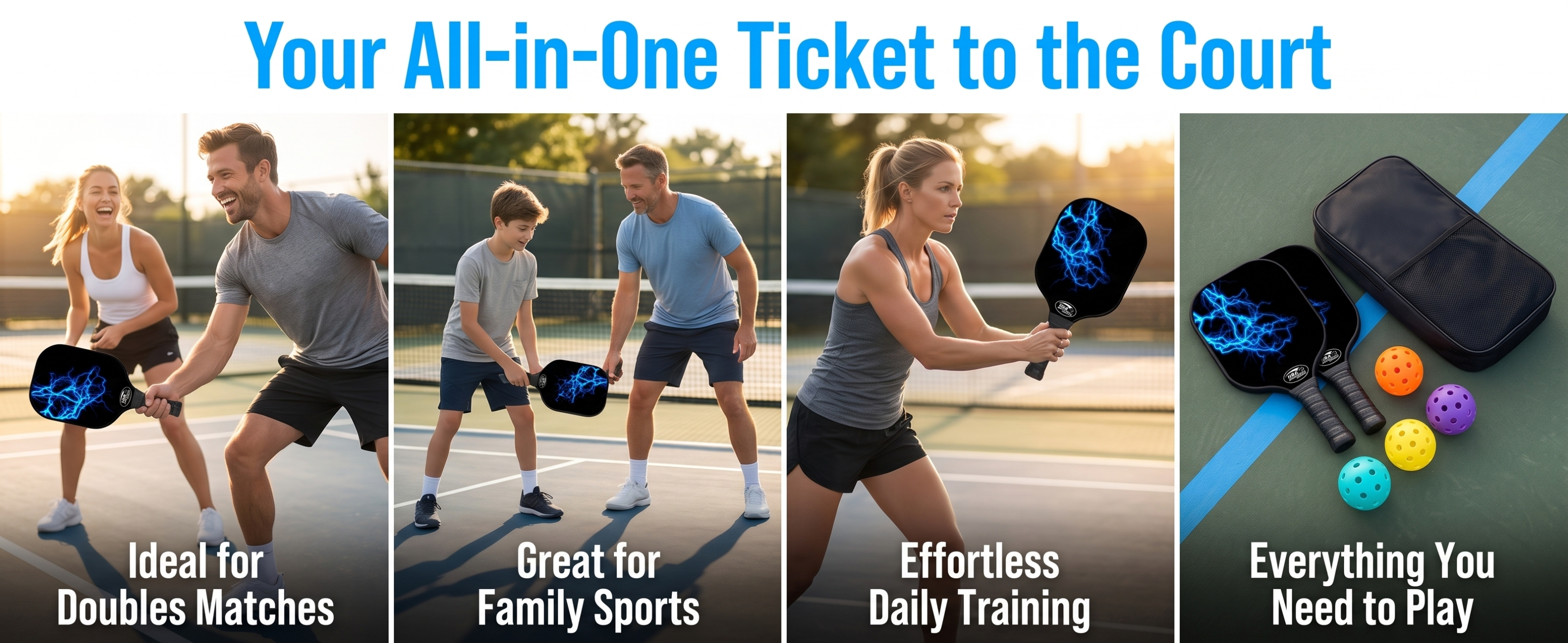 Dinkado Blue Lightning Pickleball Paddle Set – 2 Fiberglass Paddles + 4 Balls + Bag