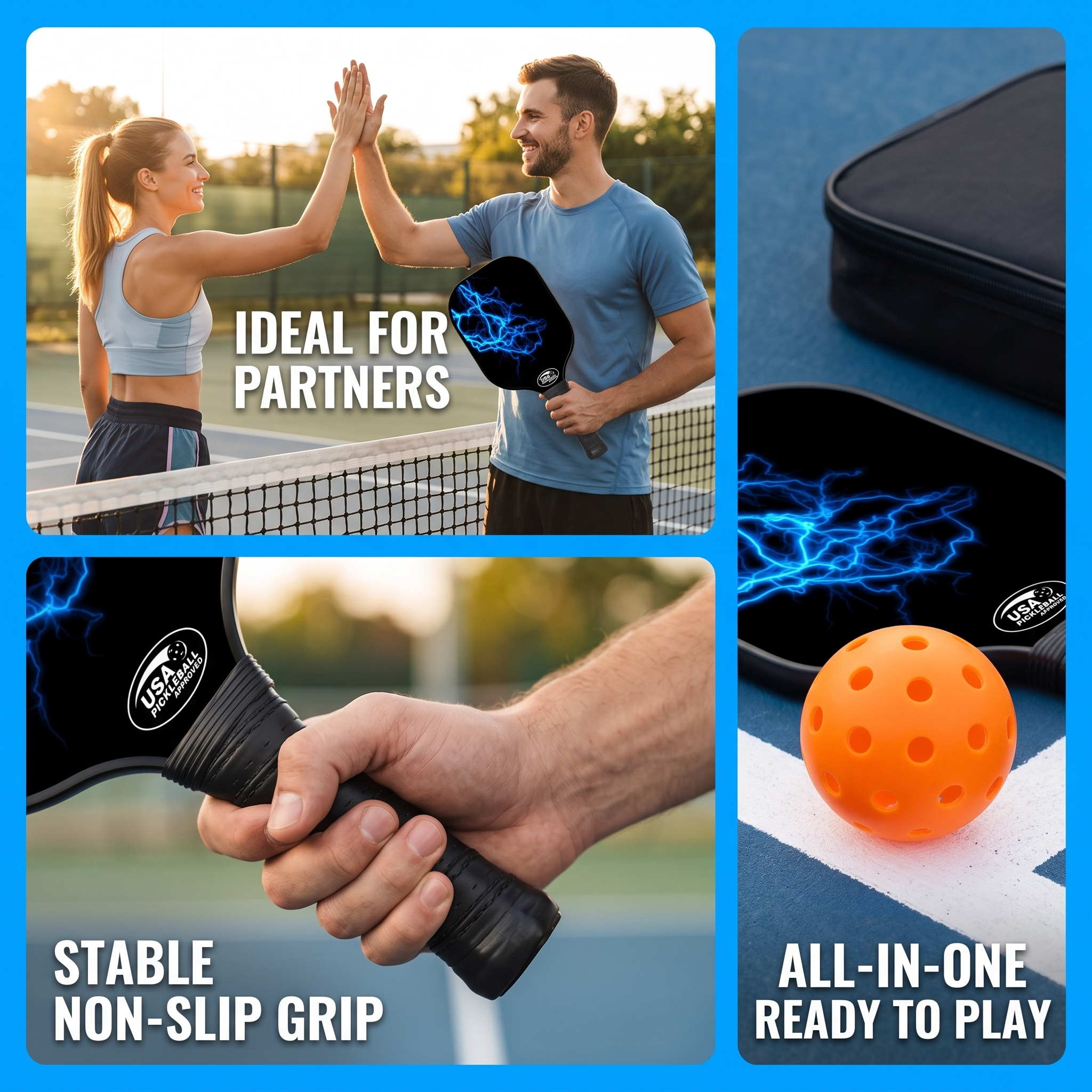 Dinkado Blue Lightning Pickleball Paddle Set – 2 Fiberglass Paddles + 4 Balls + Bag