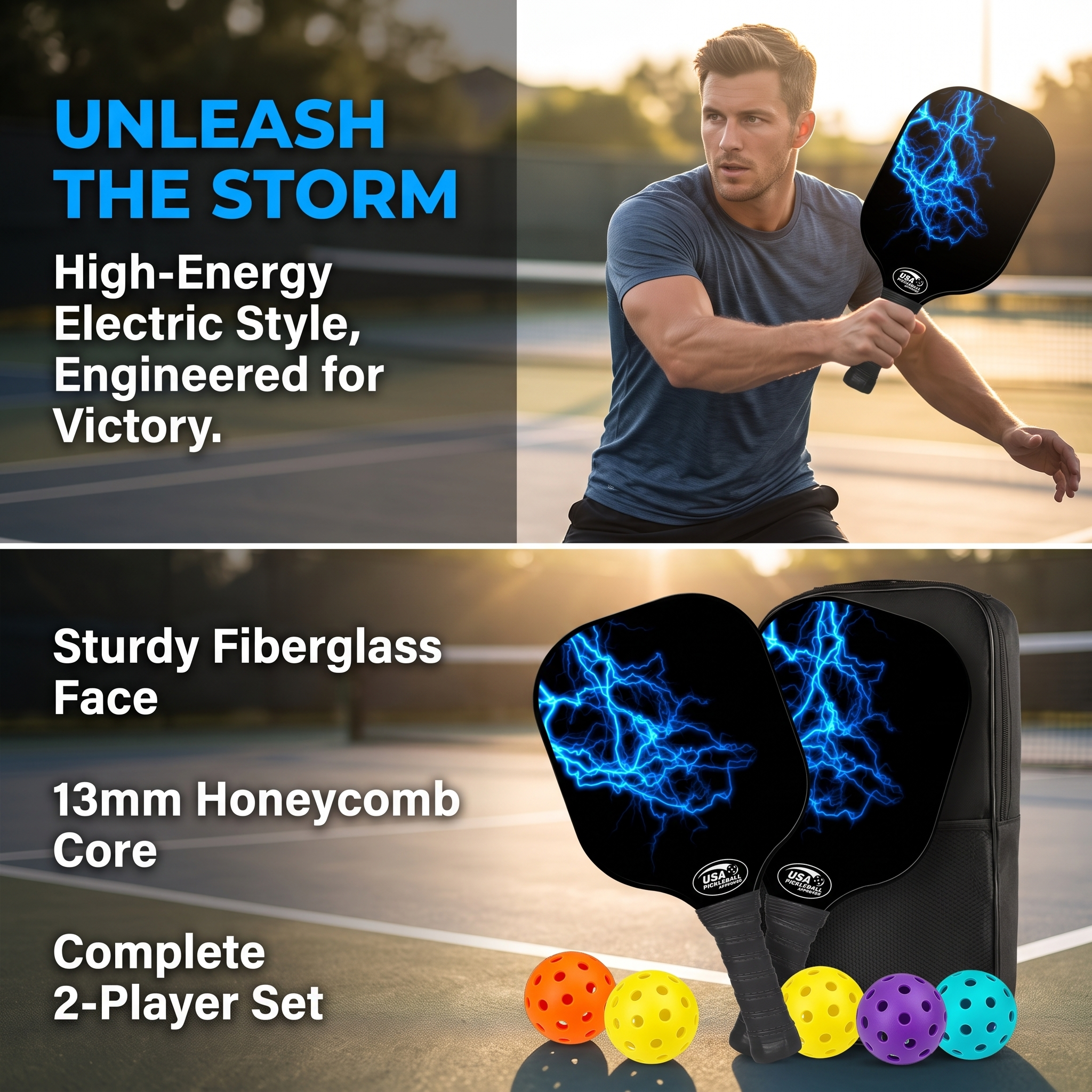 Dinkado Blue Lightning Pickleball Paddle Set – 2 Fiberglass Paddles + 4 Balls + Bag