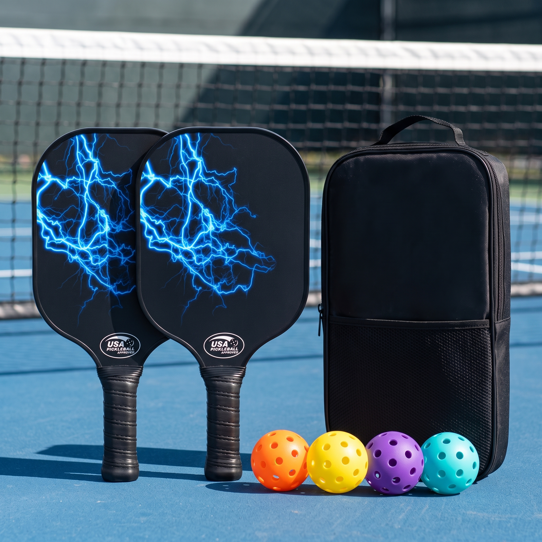 Dinkado Blue Lightning Pickleball Paddle Set – 2 Fiberglass Paddles + 4 Balls + Bag