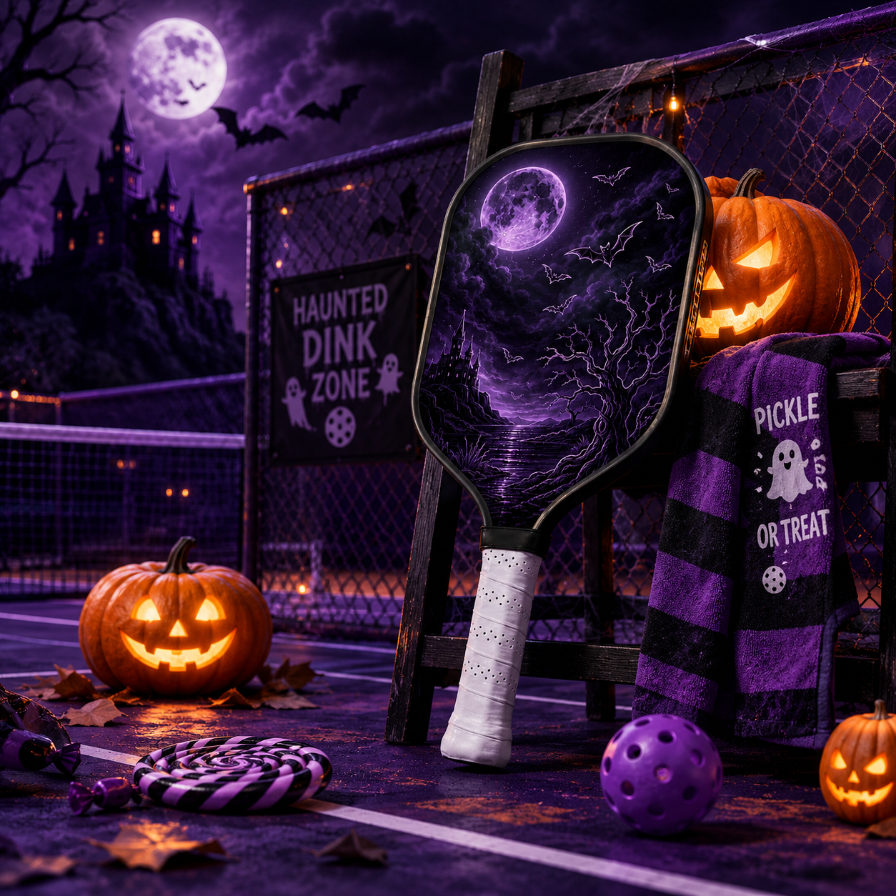 Dinkado 16mm Carbon Fiber Pickleball Paddle – Lightweight Control Paddle, Halloween Moon & Bat Design