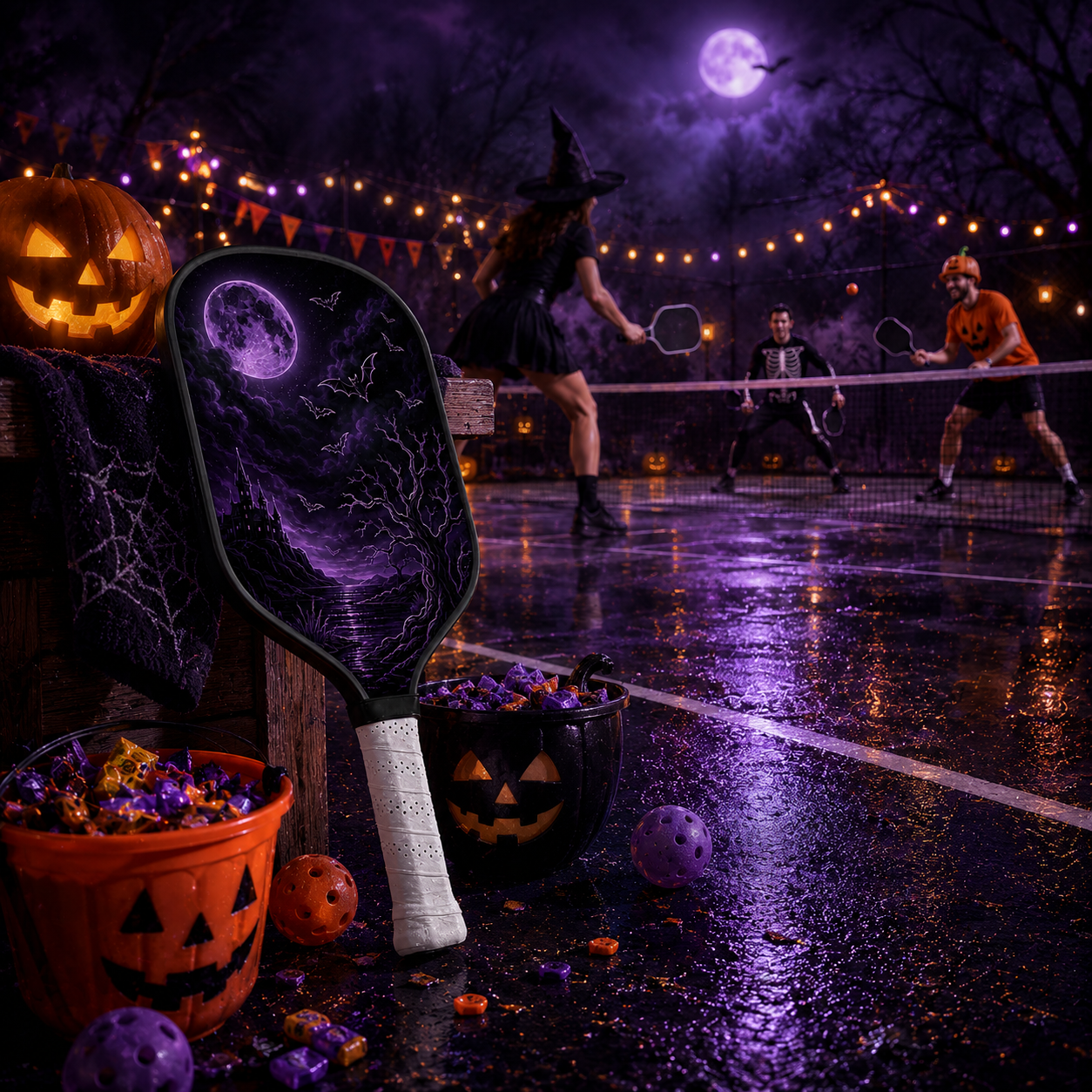 Dinkado 16mm Carbon Fiber Pickleball Paddle – Lightweight Control Paddle, Halloween Moon & Bat Design