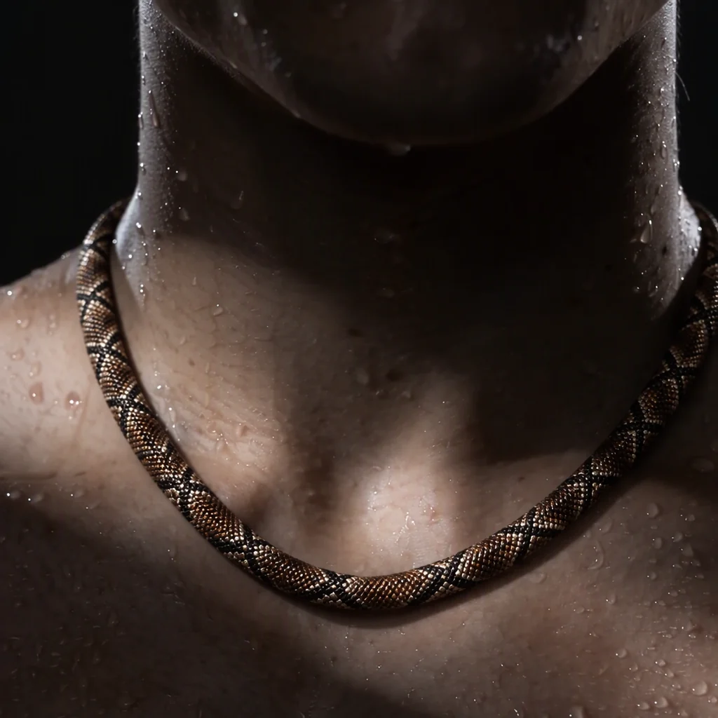 Close-up styled product image highlighting the serpent necklace texture and neckline fit