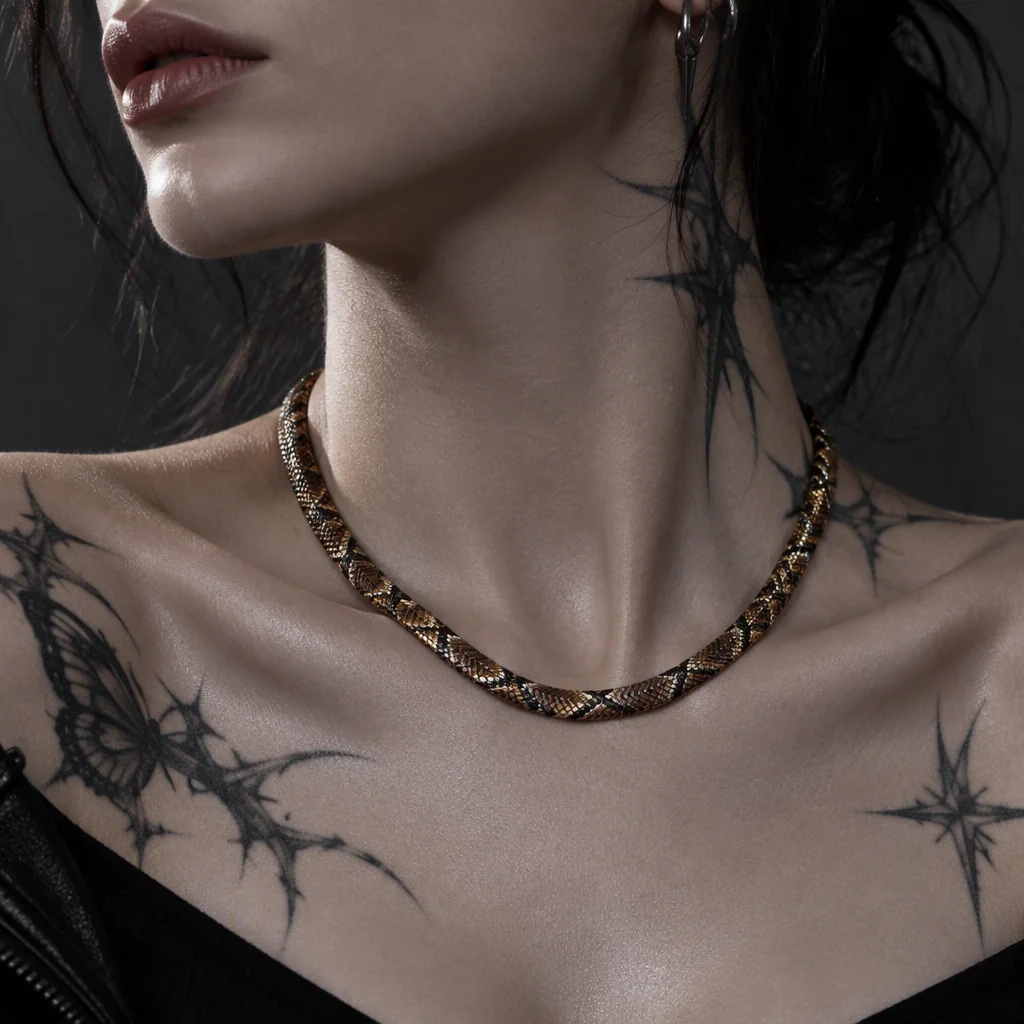 Styled product image of an earthy serpent necklace worn with a black outfit