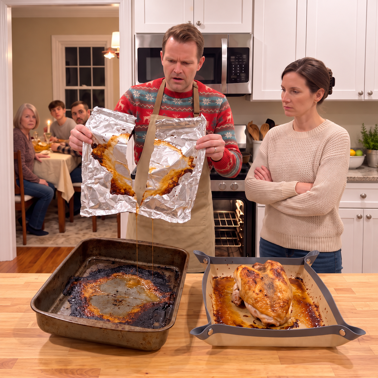 Reusable snap tray beside used foil and a roasting pan