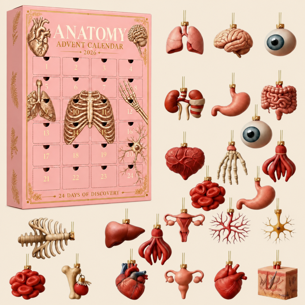 Illustrated pink 24-door anatomy calendar and anatomy ornament designs; actual ornaments are flat printed 2D pieces