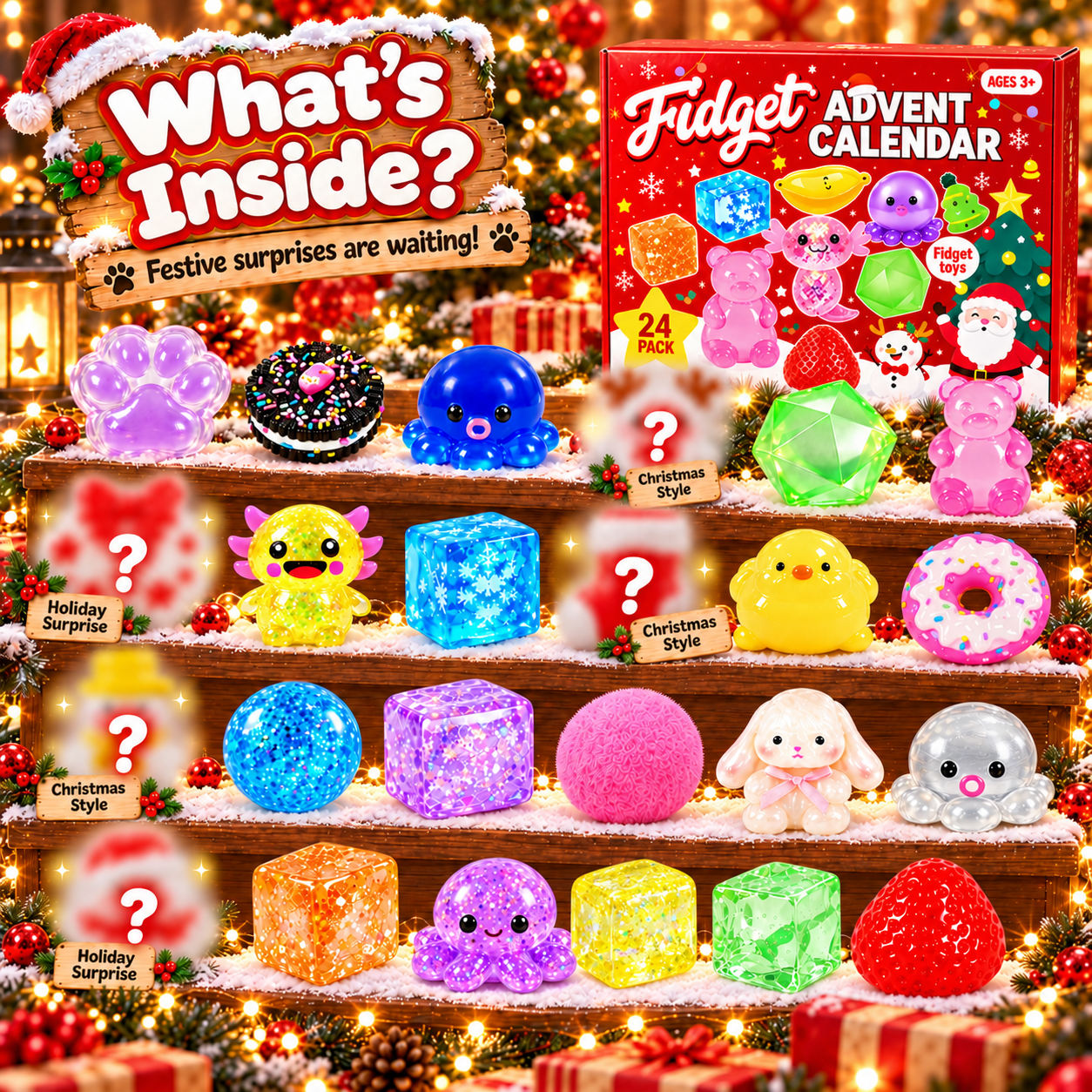 Overview of 24 squishy toy surprises with Christmas styles hidden behind question marks