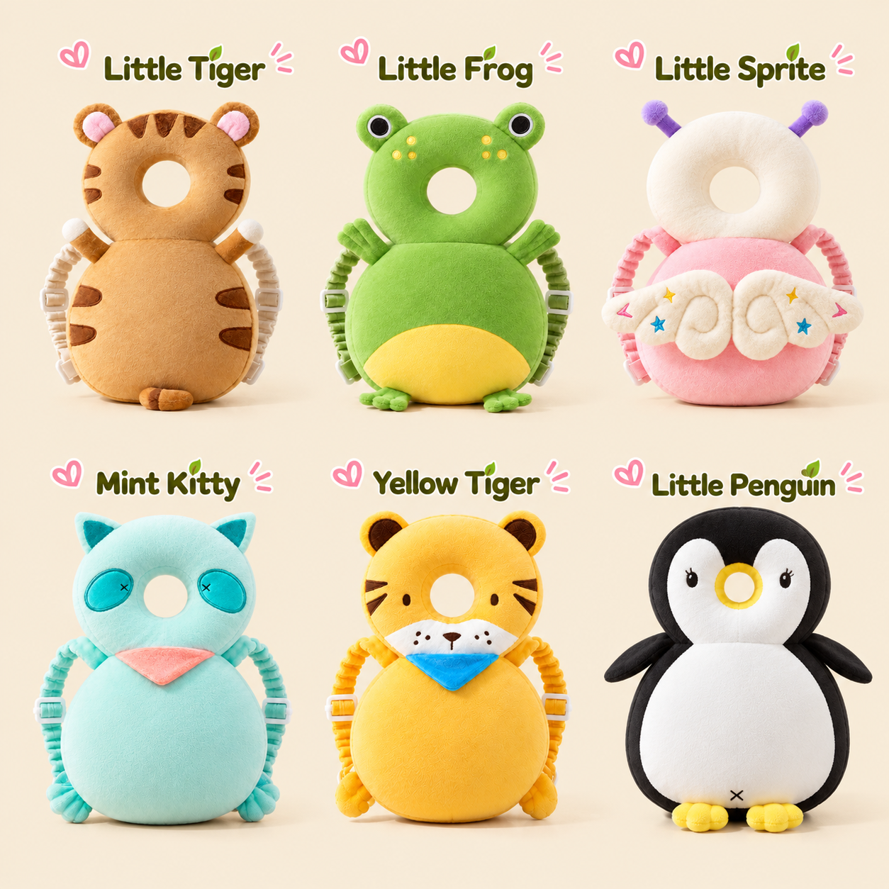 Six new baby head cushion backpack styles including Little Tiger, Little Frog, Little Sprite, Mint Kitty, Yellow Tiger and Little Penguin
