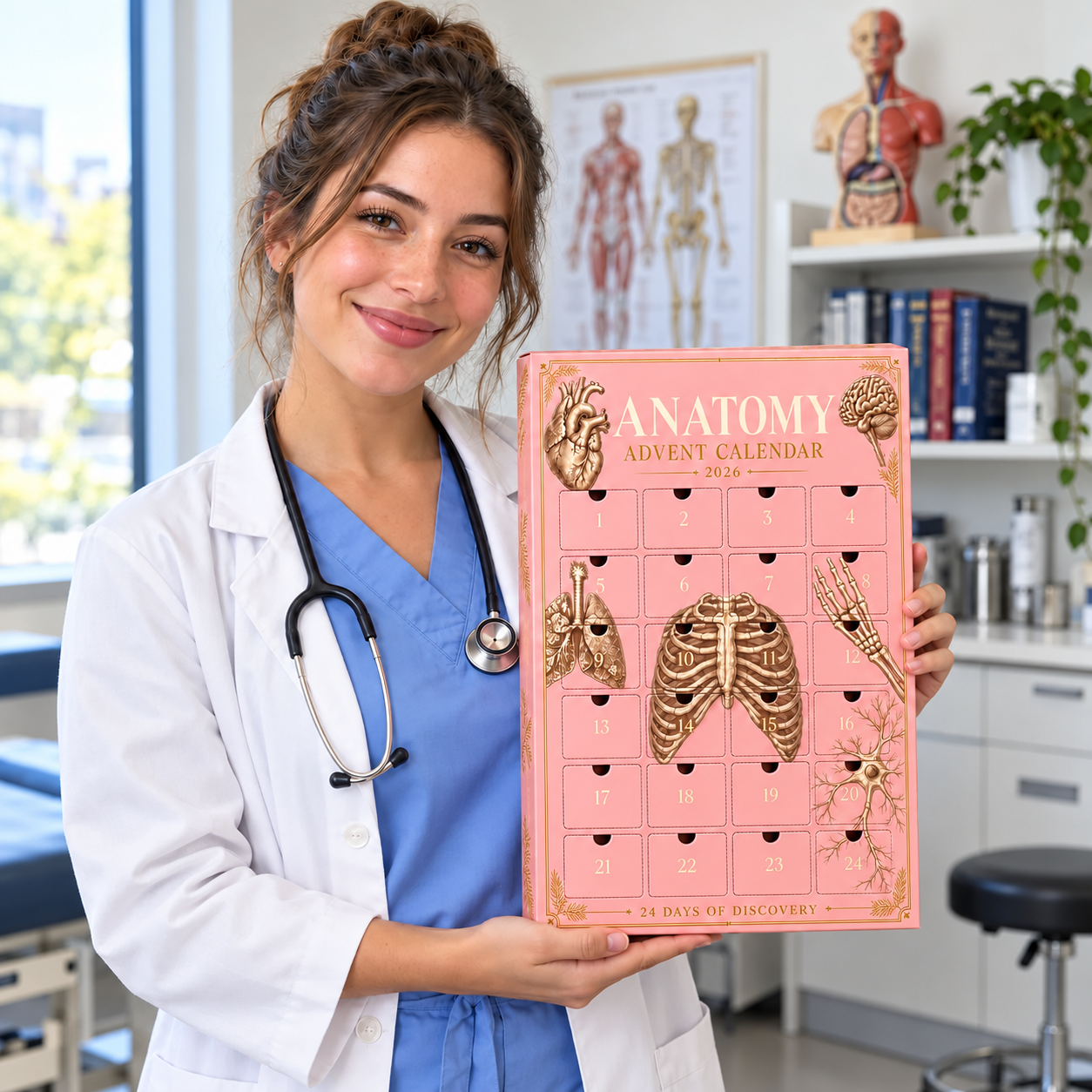 Illustrative gift scene featuring a healthcare worker holding the anatomy calendar