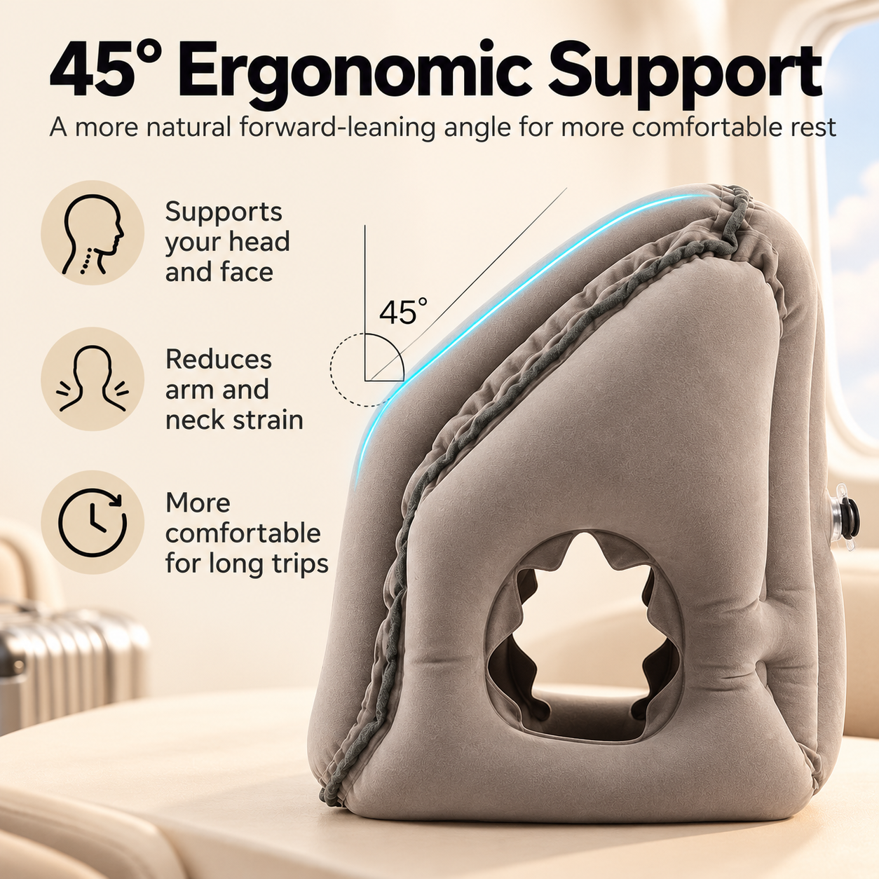 Travel pillow side profile showing a 45 degree resting angle