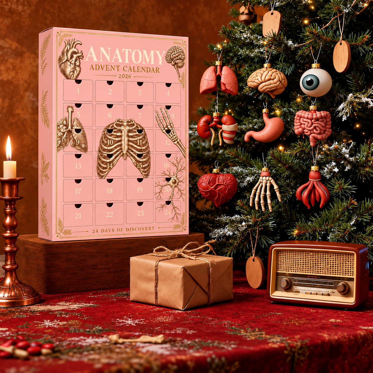 Illustrative festive room and anatomy-themed tree display; dimensional imagery represents flat printed ornament artwork