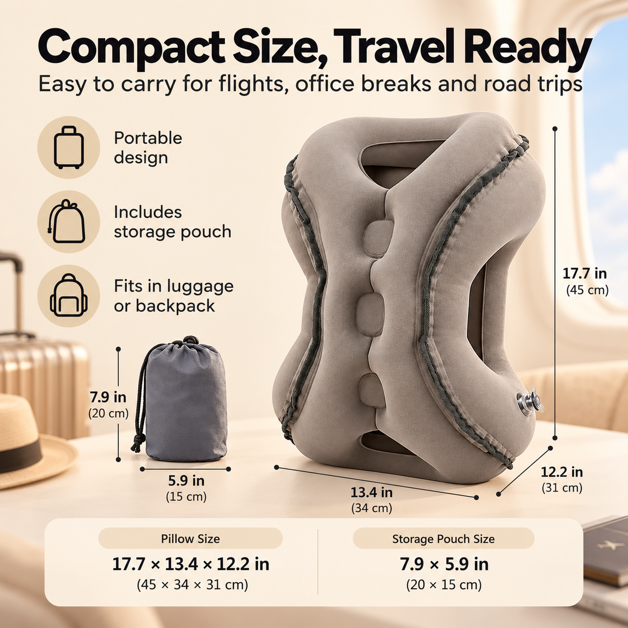 Pillow dimensions 45 by 34 by 31 cm and pouch dimensions 20 by 15 cm