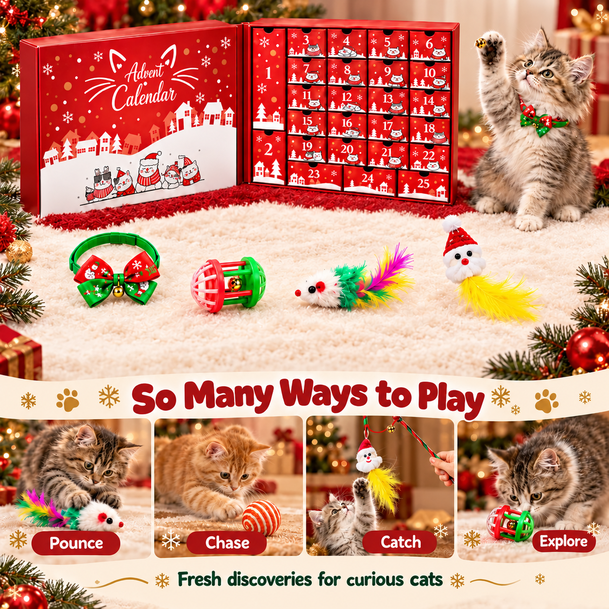 Cat advent calendar with assorted balls and feathered toys in play scenes
