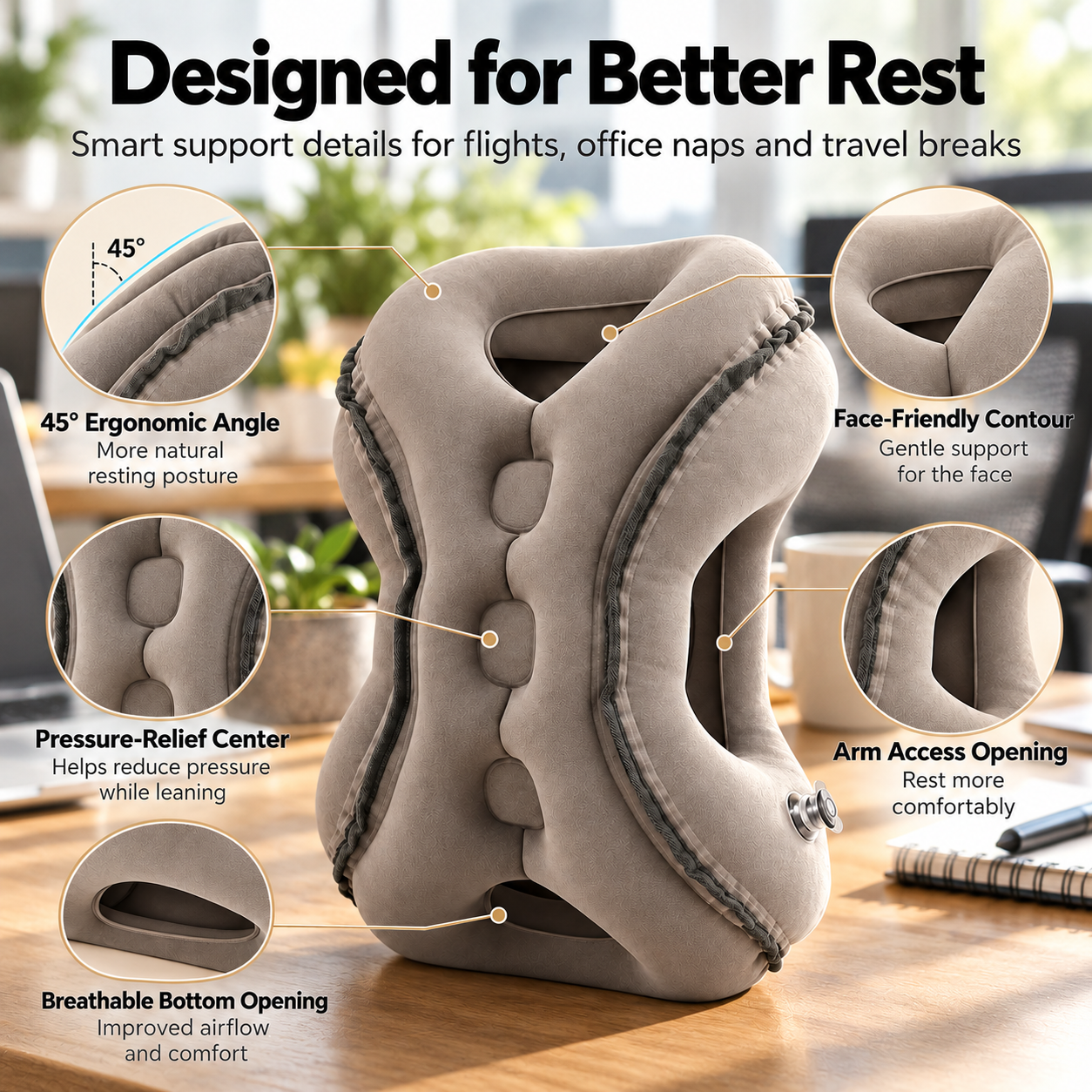Travel pillow ergonomic features with face support and arm access openings