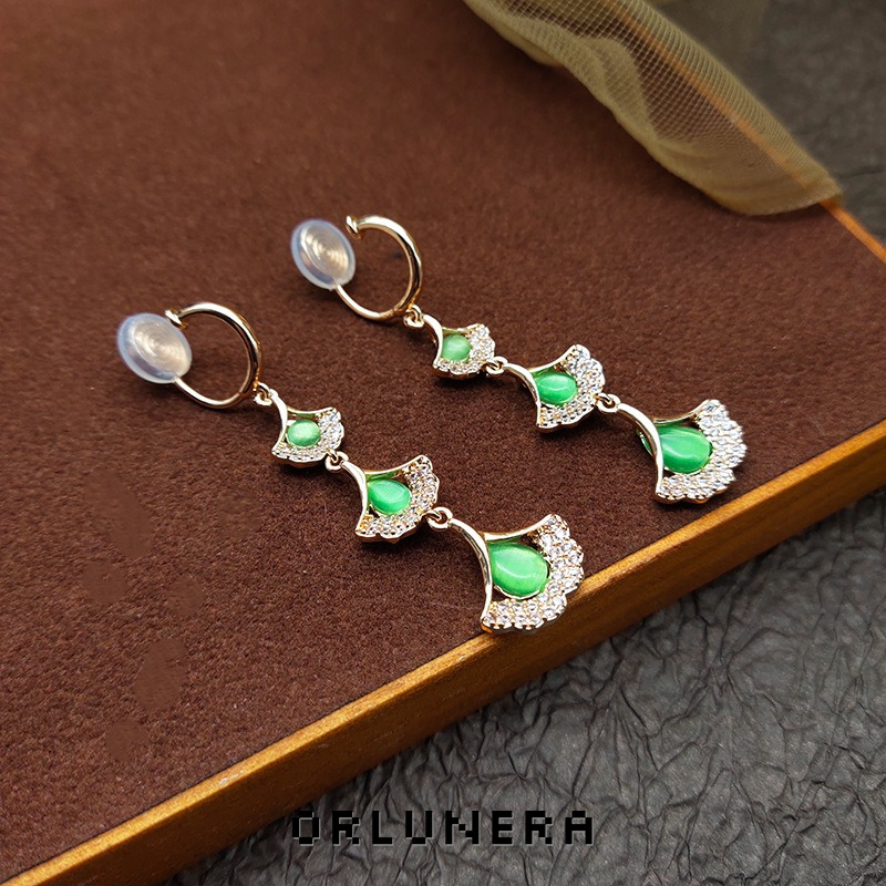 Amara Ginkgo Leaf Tassel Cat-Eye Threader Drop Earrings product image