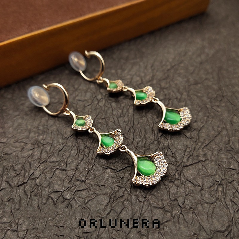 Amara Ginkgo Leaf Tassel Cat-Eye Threader Drop Earrings product image