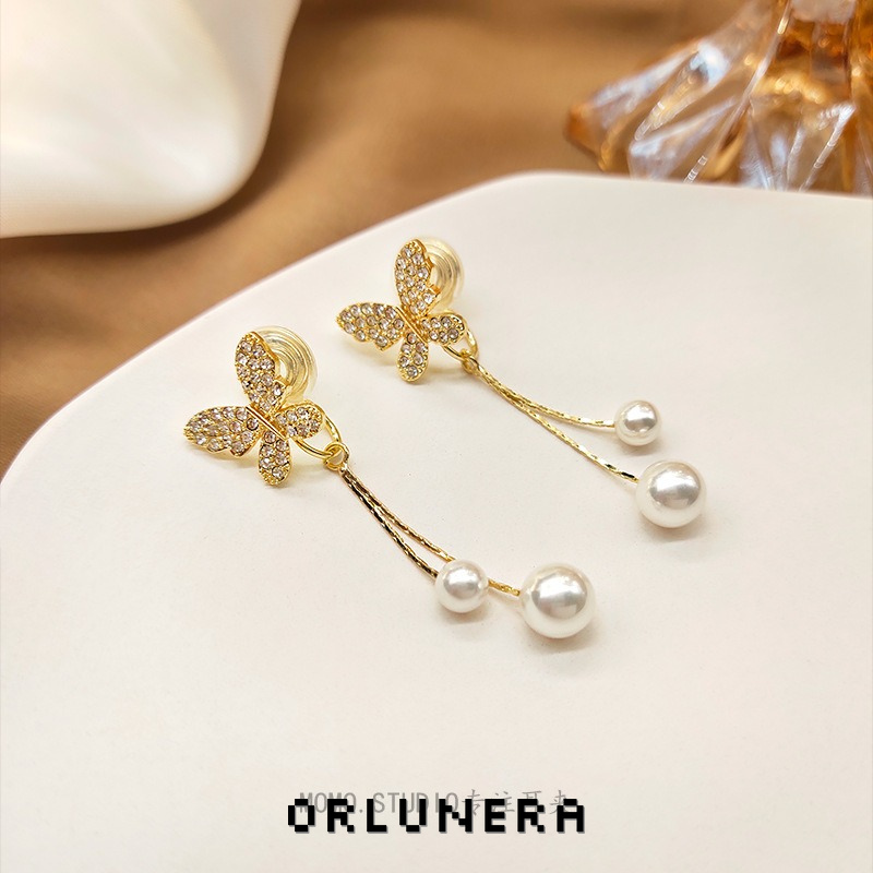 Celeste Butterfly Pearl Tassel Clip-On Drop Earrings product image