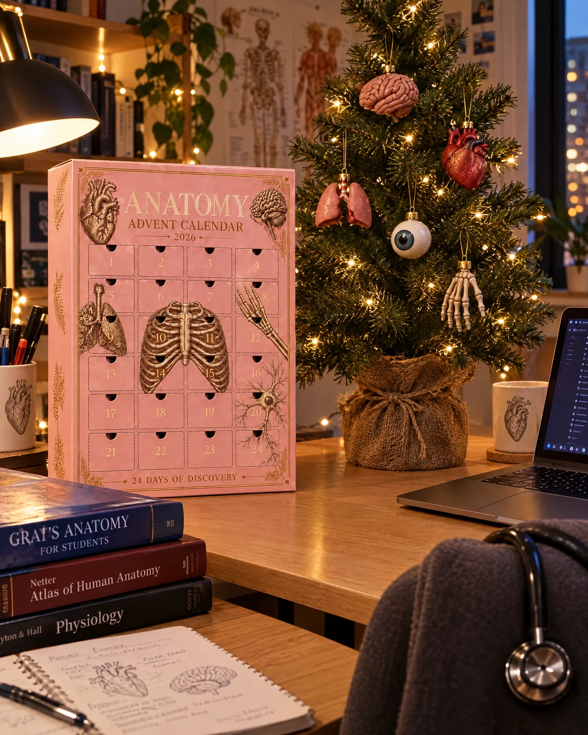 Illustrative anatomy study desk with a calendar and festive tree; actual ornaments are flat printed 2D pieces