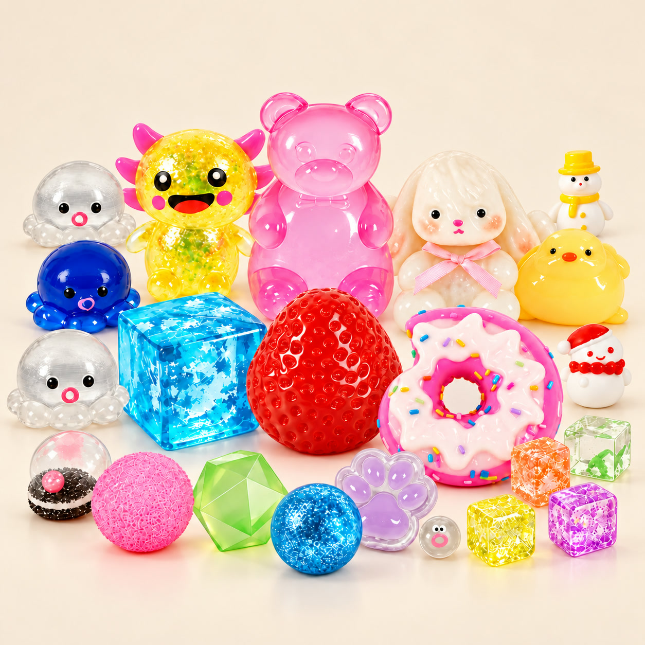 Colorful squishy toy assortment showing different shapes and textures