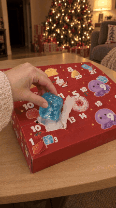 Blue snowflake cube squishy being squeezed