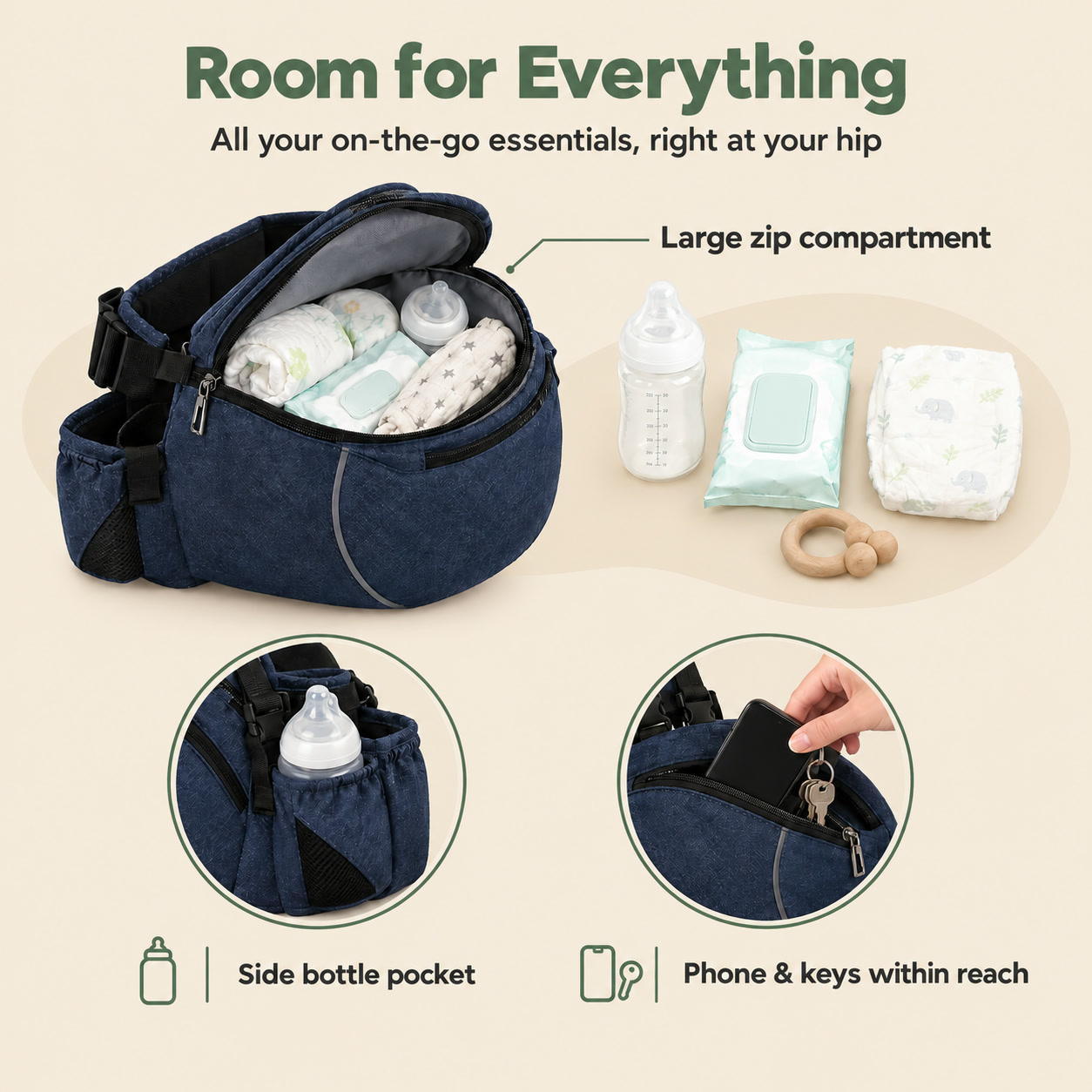 Hip seat carrier storage compartments