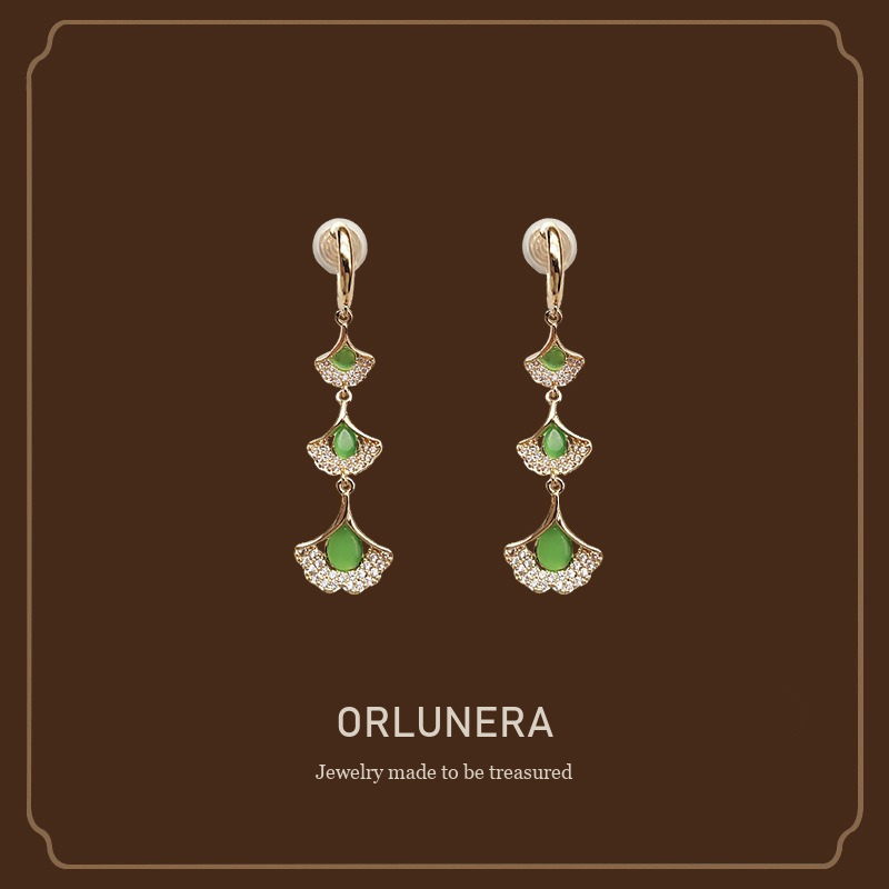 Amara Ginkgo Leaf Tassel Cat-Eye Threader Drop Earrings Orlunera cover