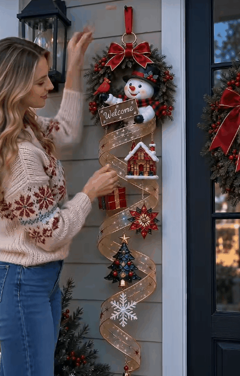 Lighted Christmas door hanger glowing at night