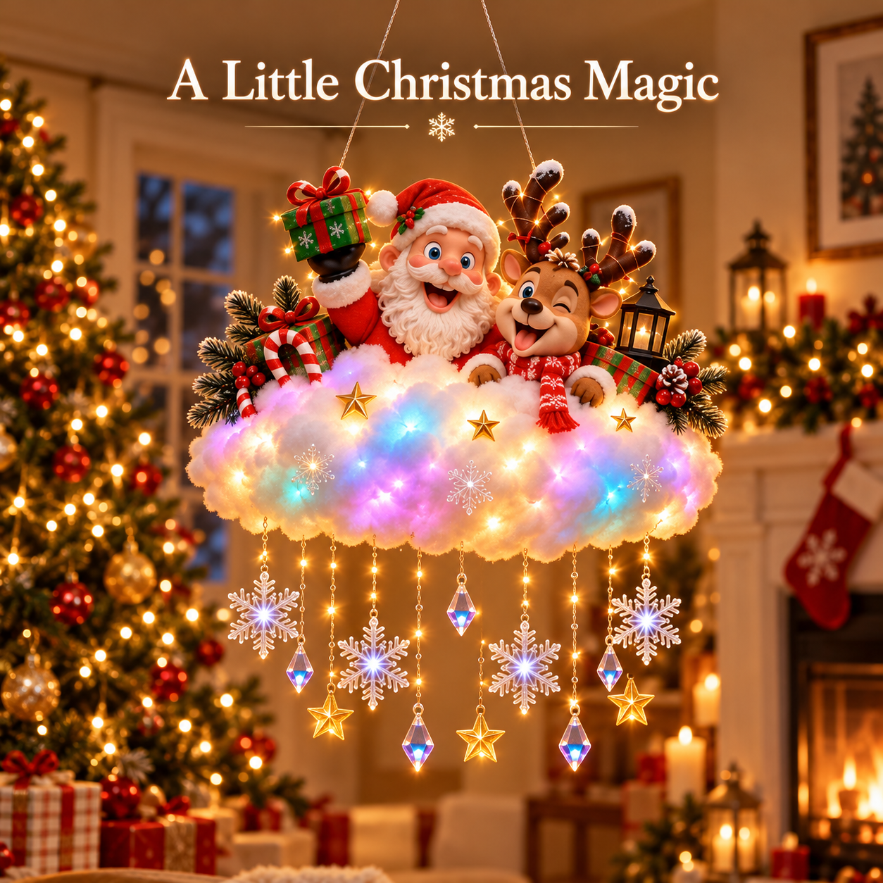 Light-up Christmas village cloud hanging decoration displayed for the holidays