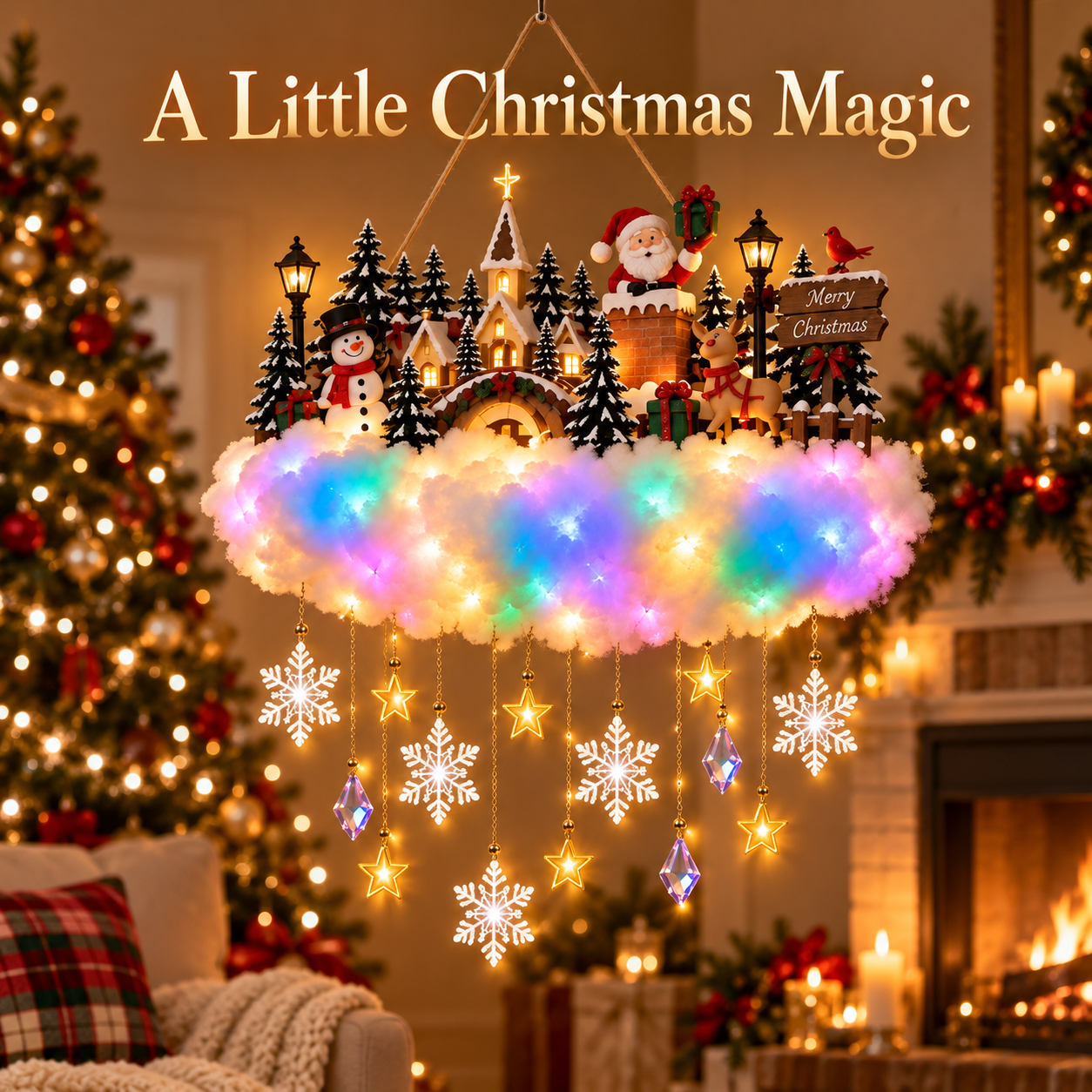 Christmas village cloud decoration displayed in a cozy holiday home