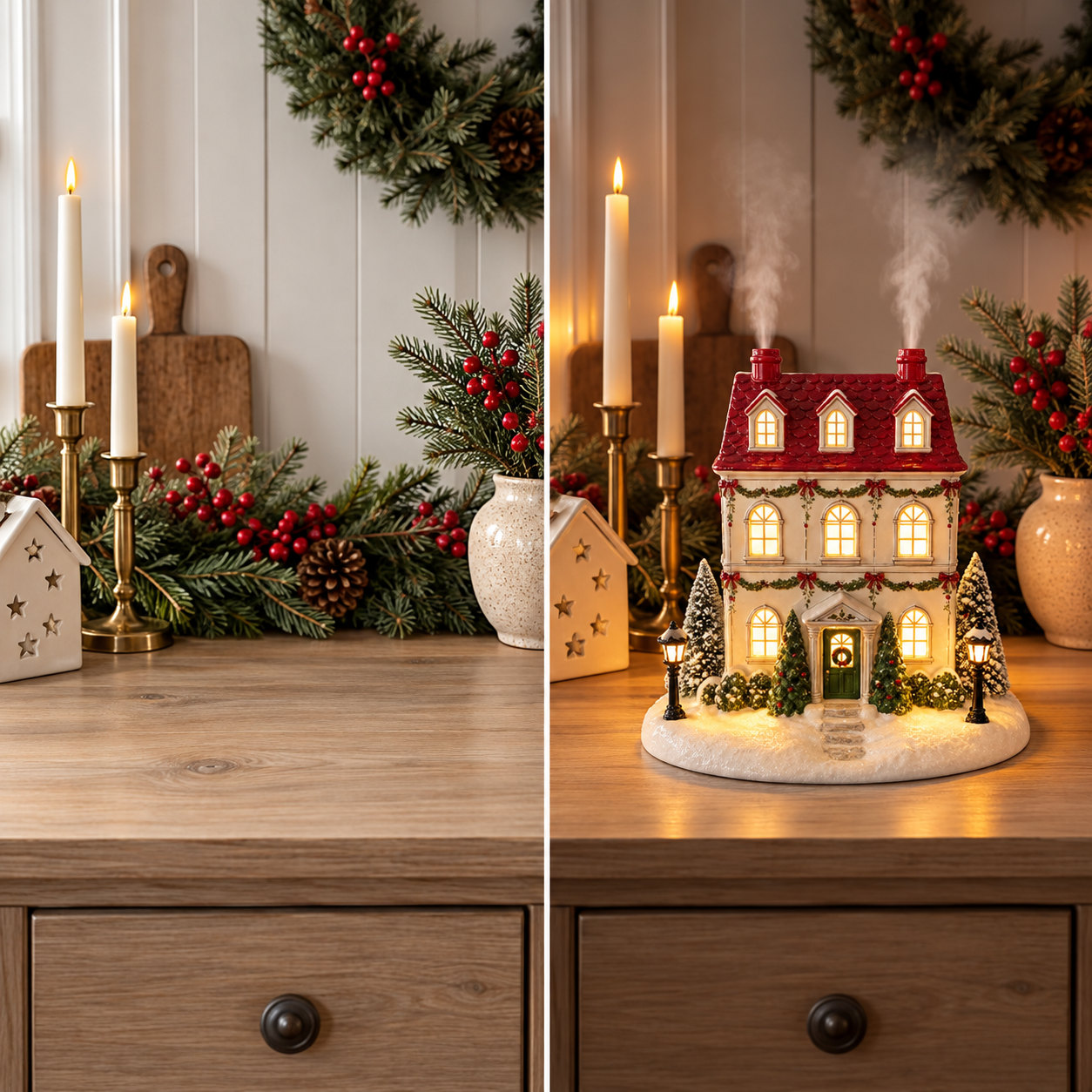 Christmas cottage diffuser light, mist, and fragrance details