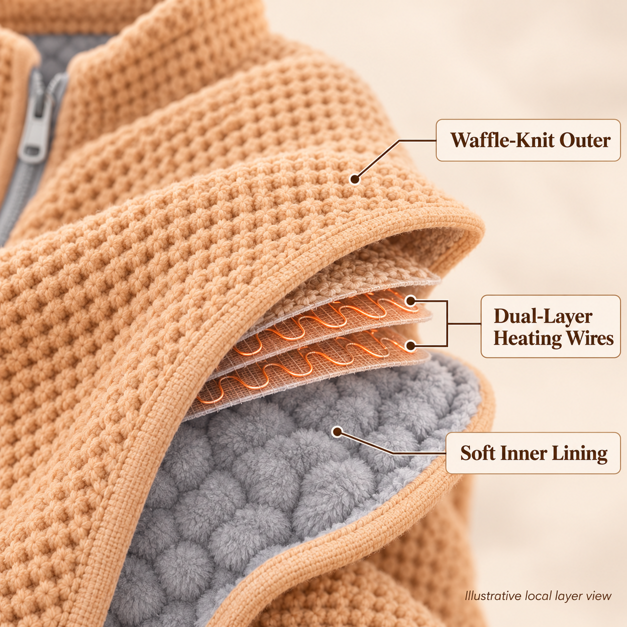 Illustrative local layer view showing the waffle-knit outer, dual-layer heating wires, and soft inner lining