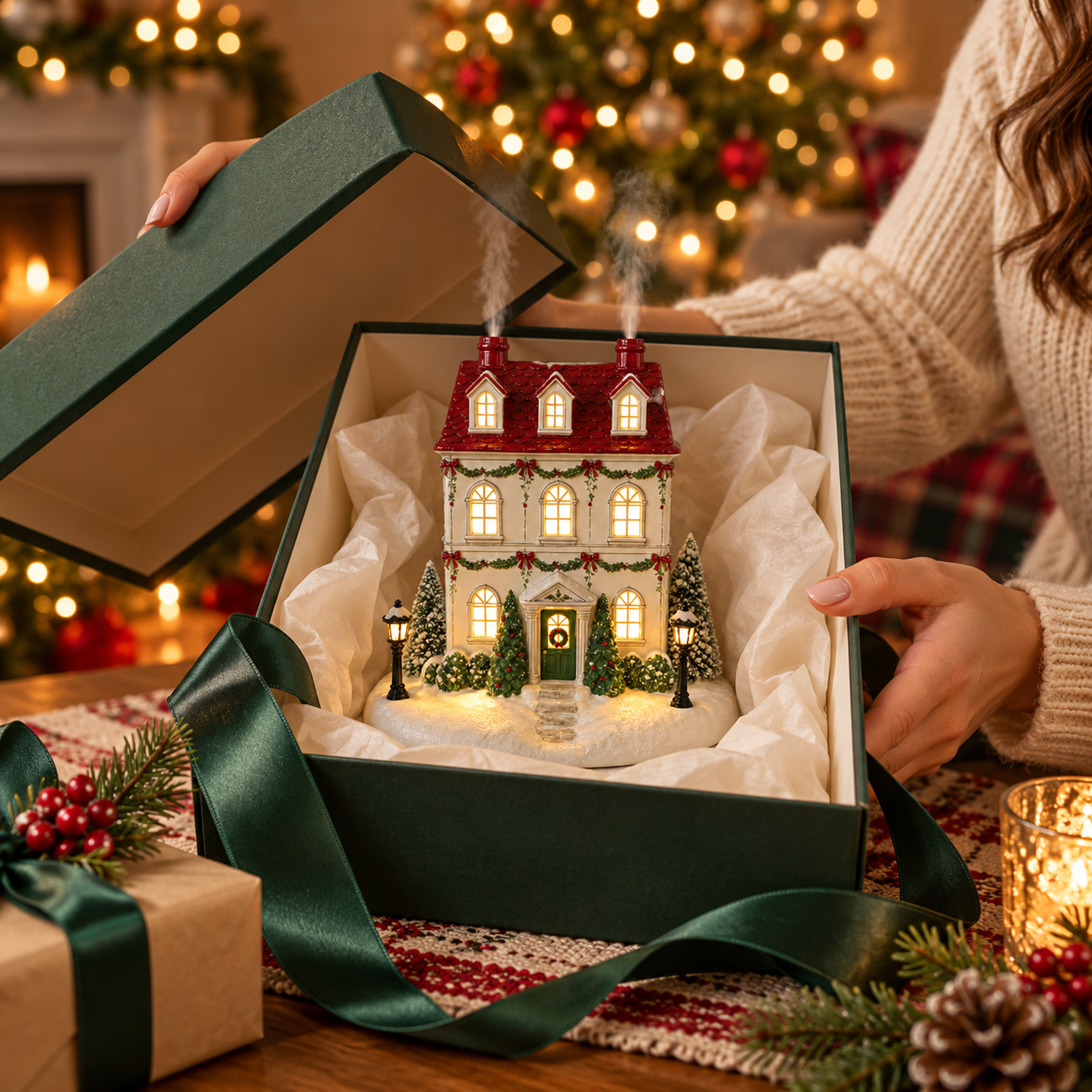 Fill the Christmas cottage diffuser with water and fragrance oil