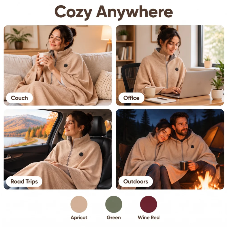 Wearable blanket shown in home, office, travel, and outdoor settings