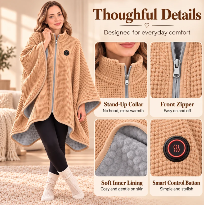 Close-up details of the collar, zipper, lining, and control button