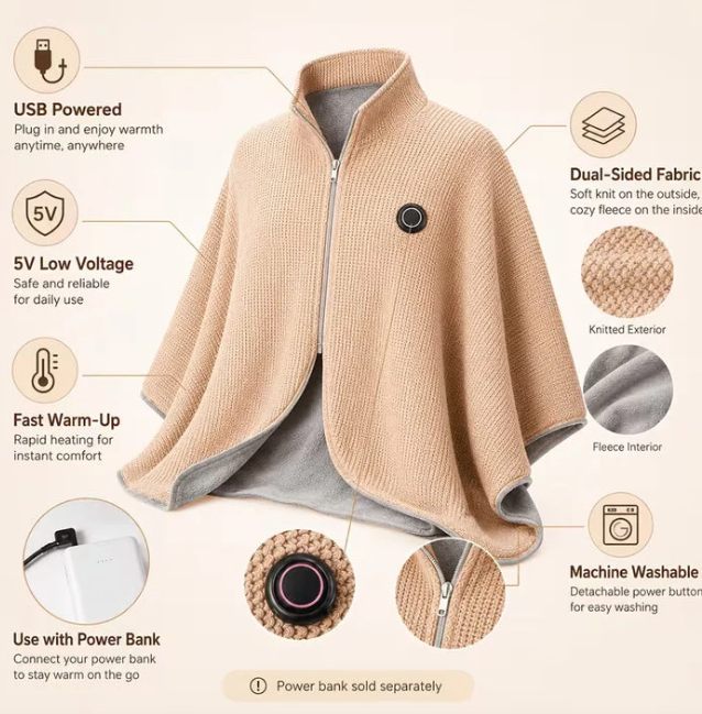 USB-powered wrap with removable control, fabric details, and care information