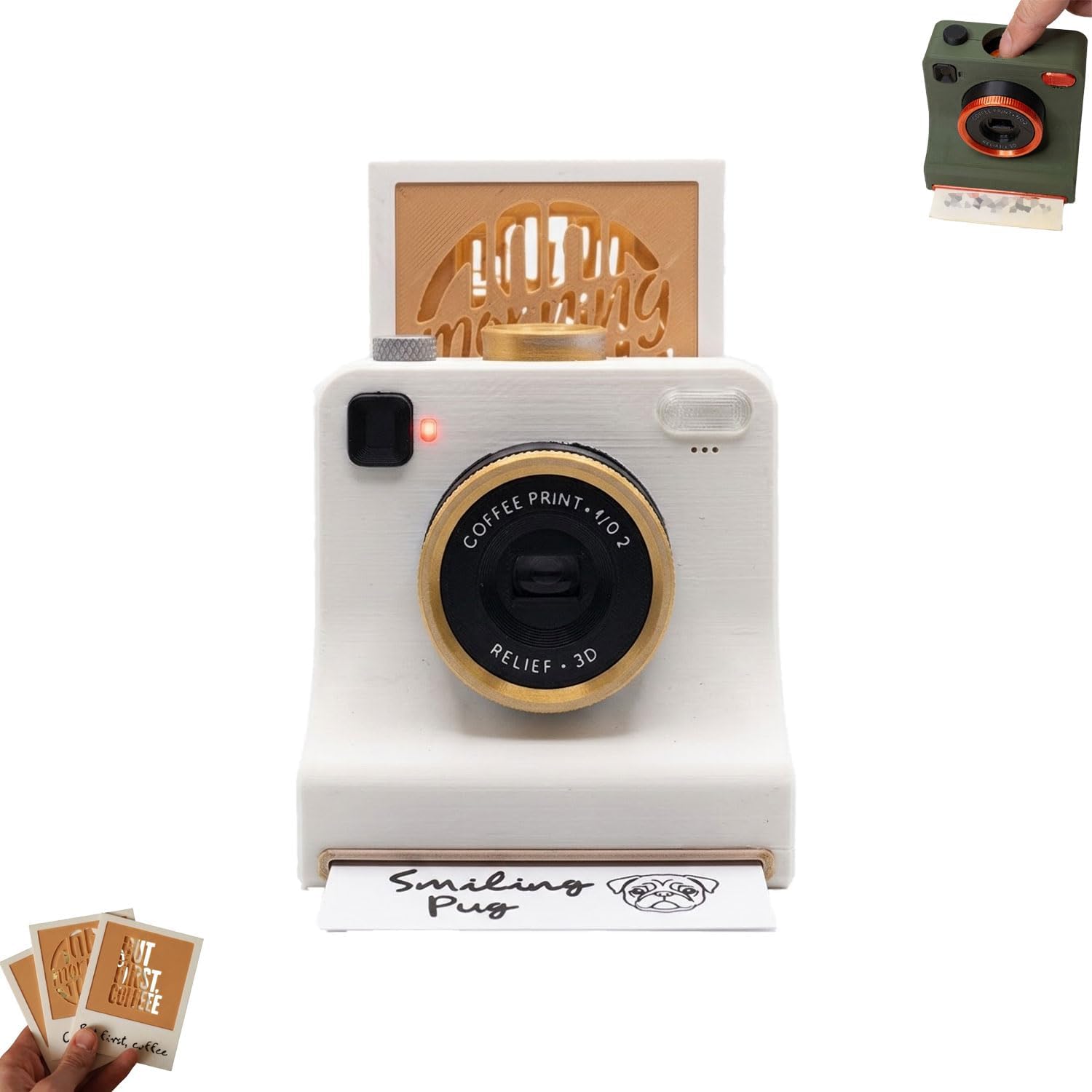 White latte art camera showing the front stencil slot and replaceable cards
