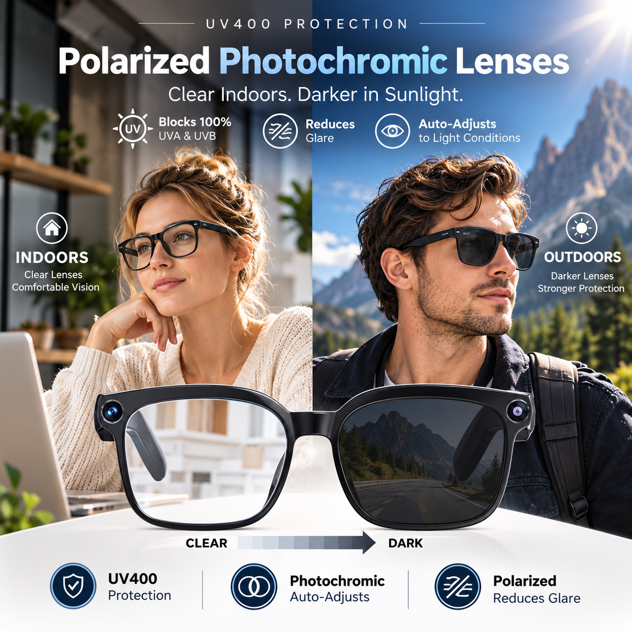 Photochromic smart glasses for indoor and outdoor use
