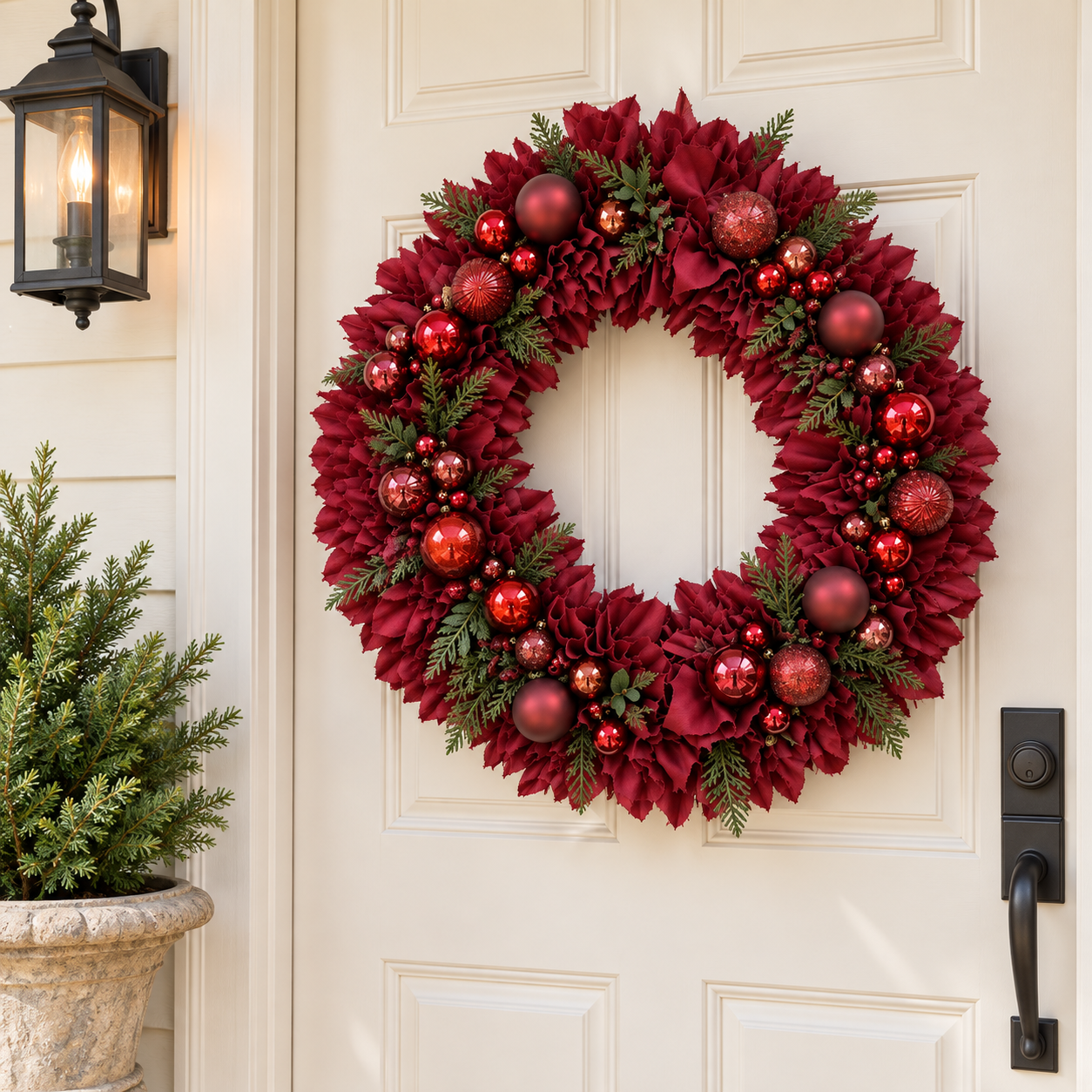 Finished burgundy Christmas wreath on a front door