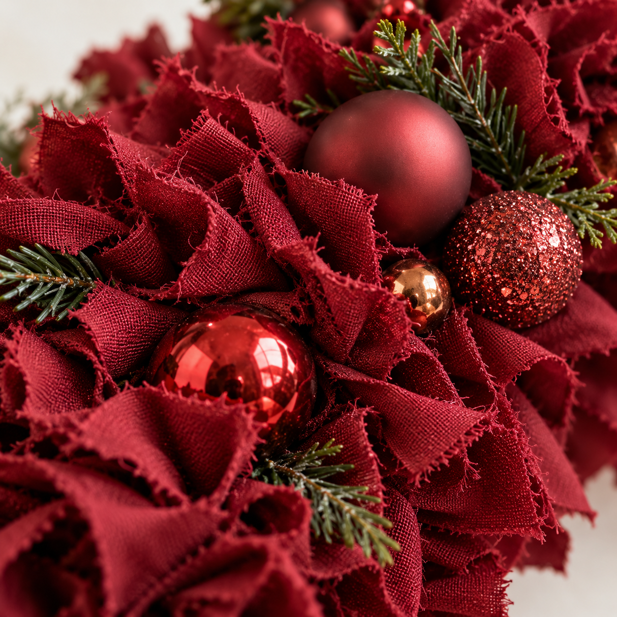 Close-up of layered burgundy wreath fabric texture