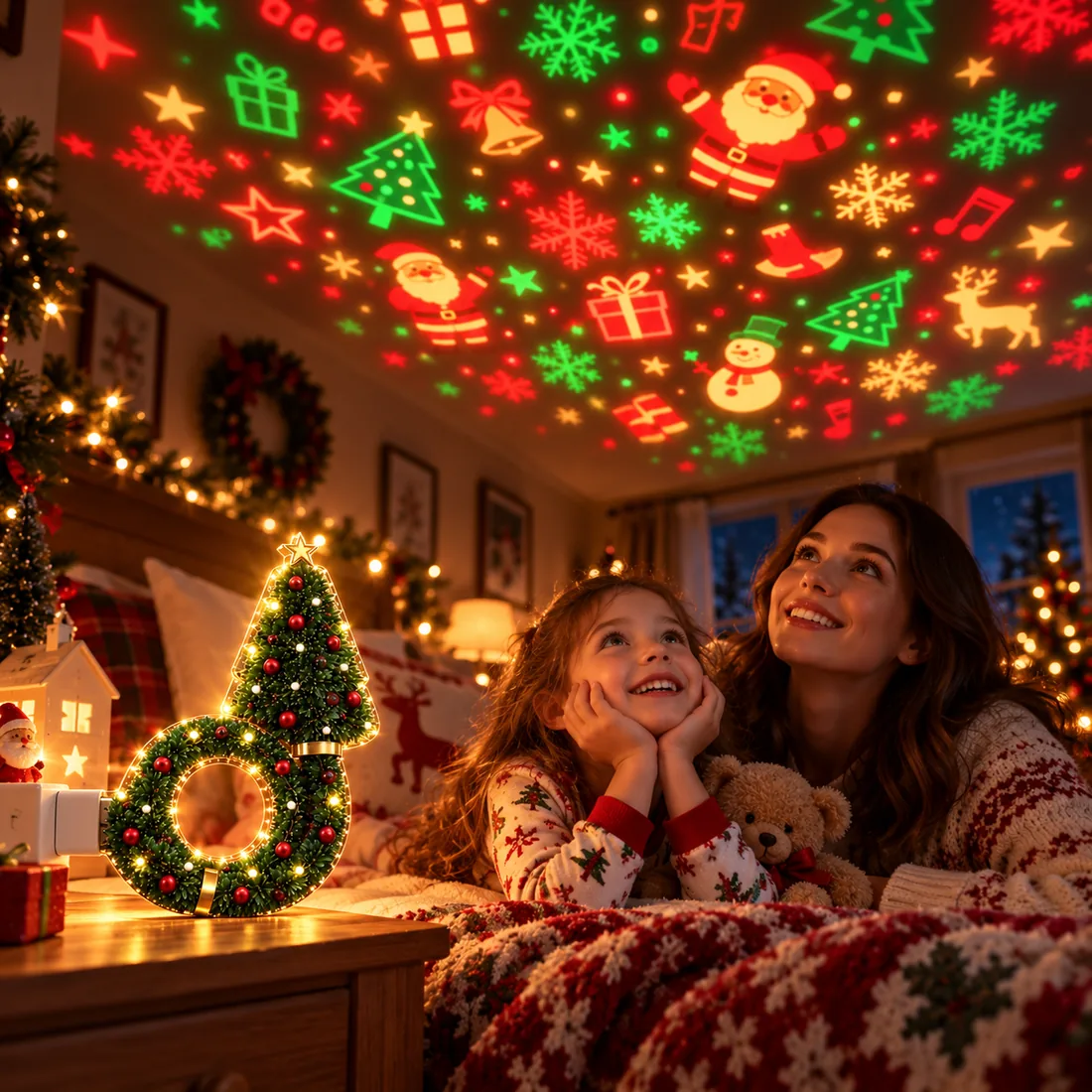 Family enjoying Christmas projector light