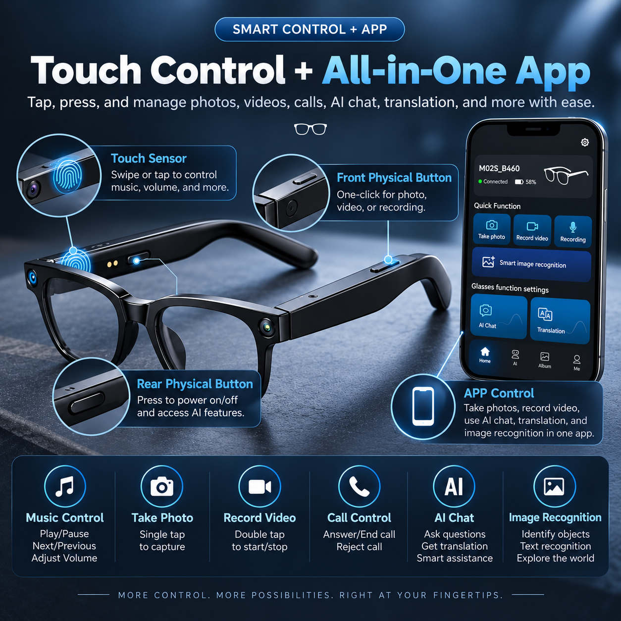 Smart glasses touch controls and companion app