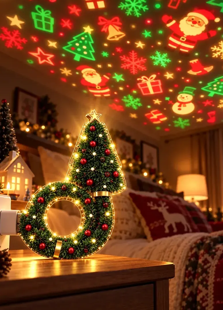USB Christmas projector light in cozy holiday bedroom