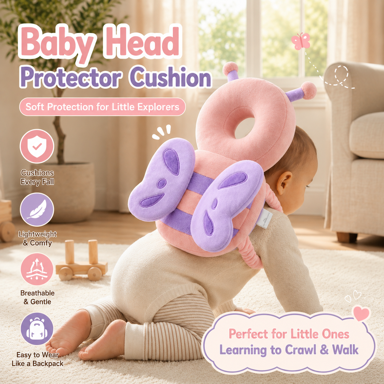🐝 50% OFF | Baby Head Cushion Backpack – Soft Anti-Fall Support for Crawling & First Steps