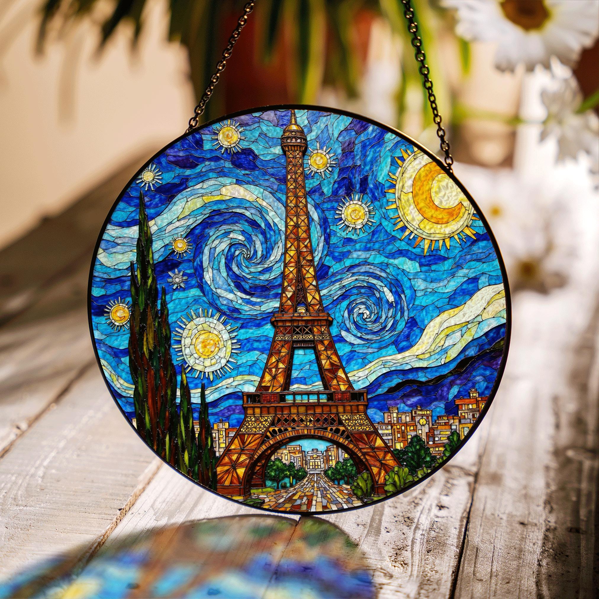 Eiffel Tower Starry Night Style Round Stained Glass Suncatcher Gift for Paris Lover - image 1