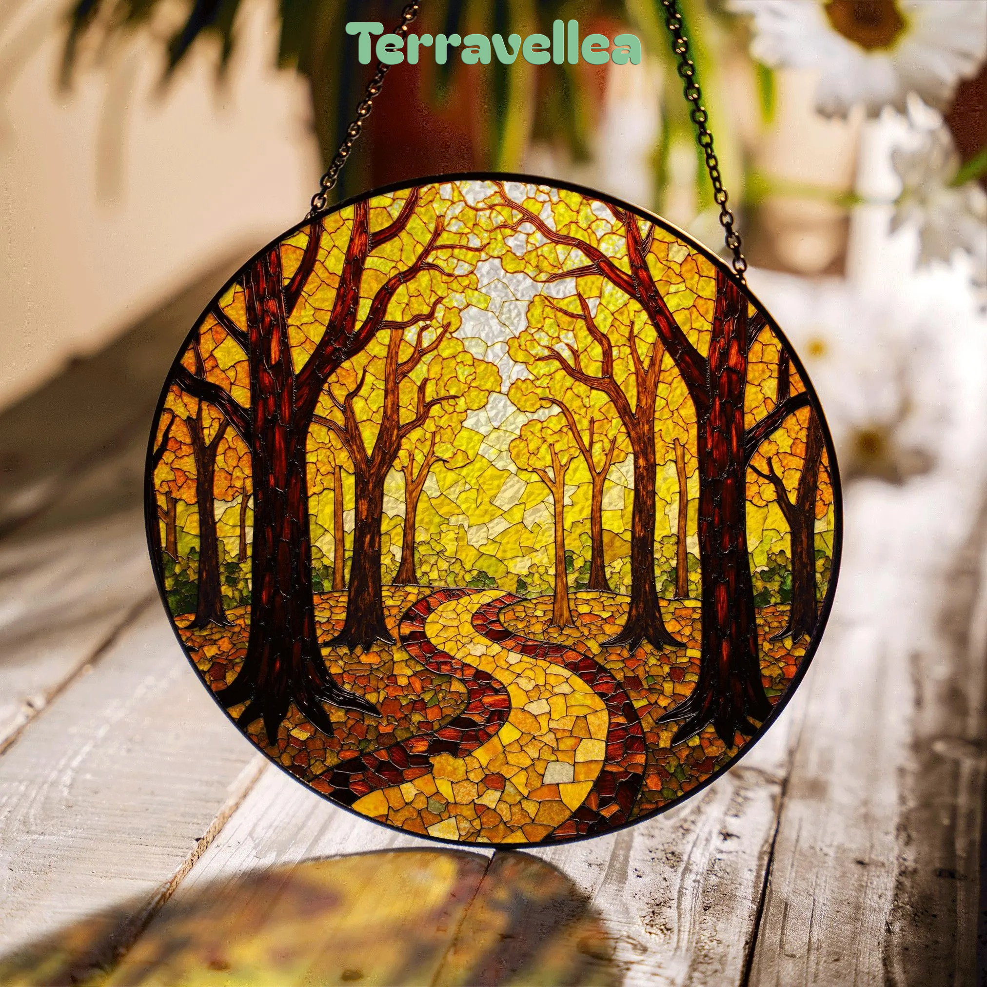 Autumn Forest Path Round Suncatcher Stained Glass Window Decor Gift for Nature Lovers - image 1
