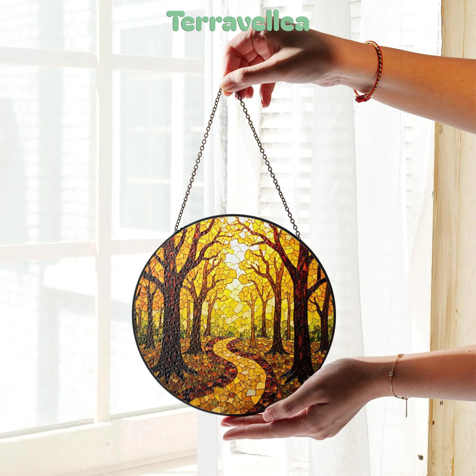 Autumn Forest Path Round Suncatcher Stained Glass Window Decor Gift for Nature Lovers - image 3