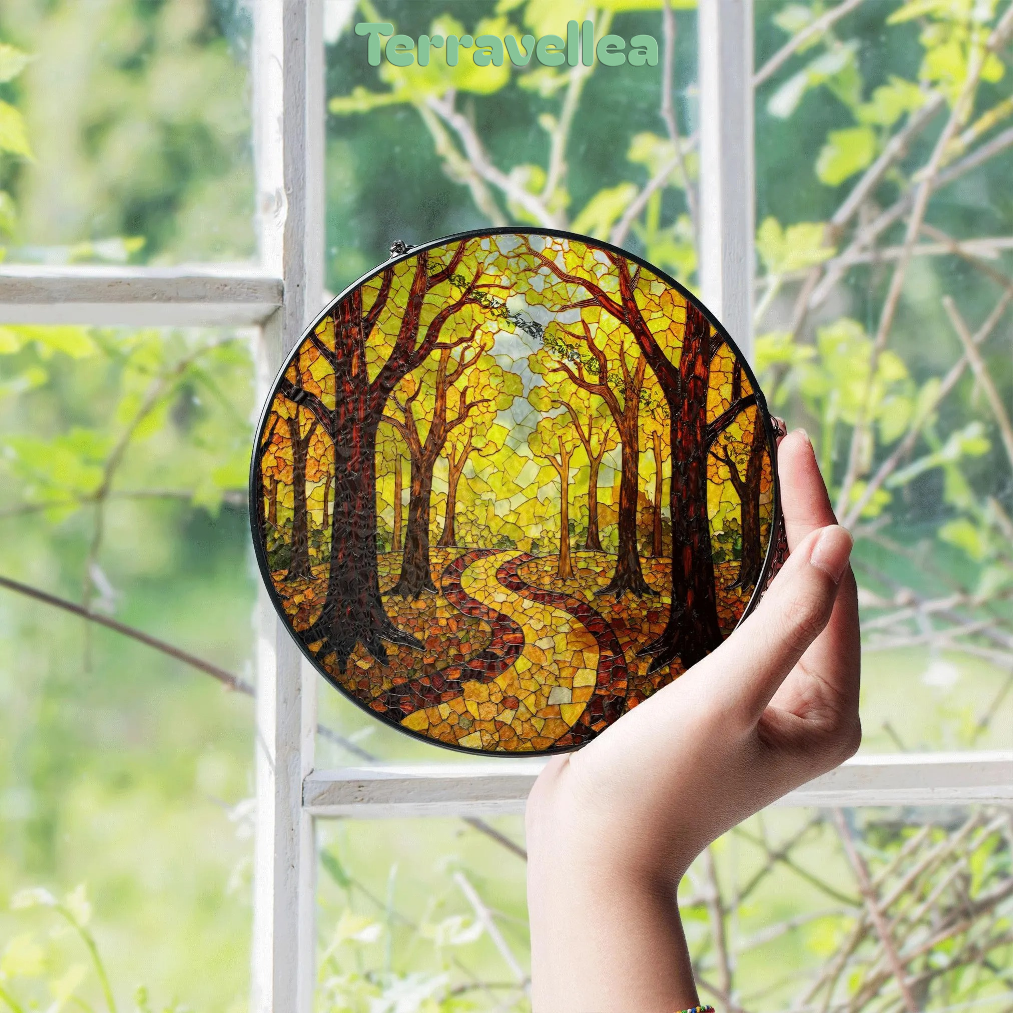 Autumn Forest Path Round Suncatcher Stained Glass Window Decor Gift for Nature Lovers - image 4