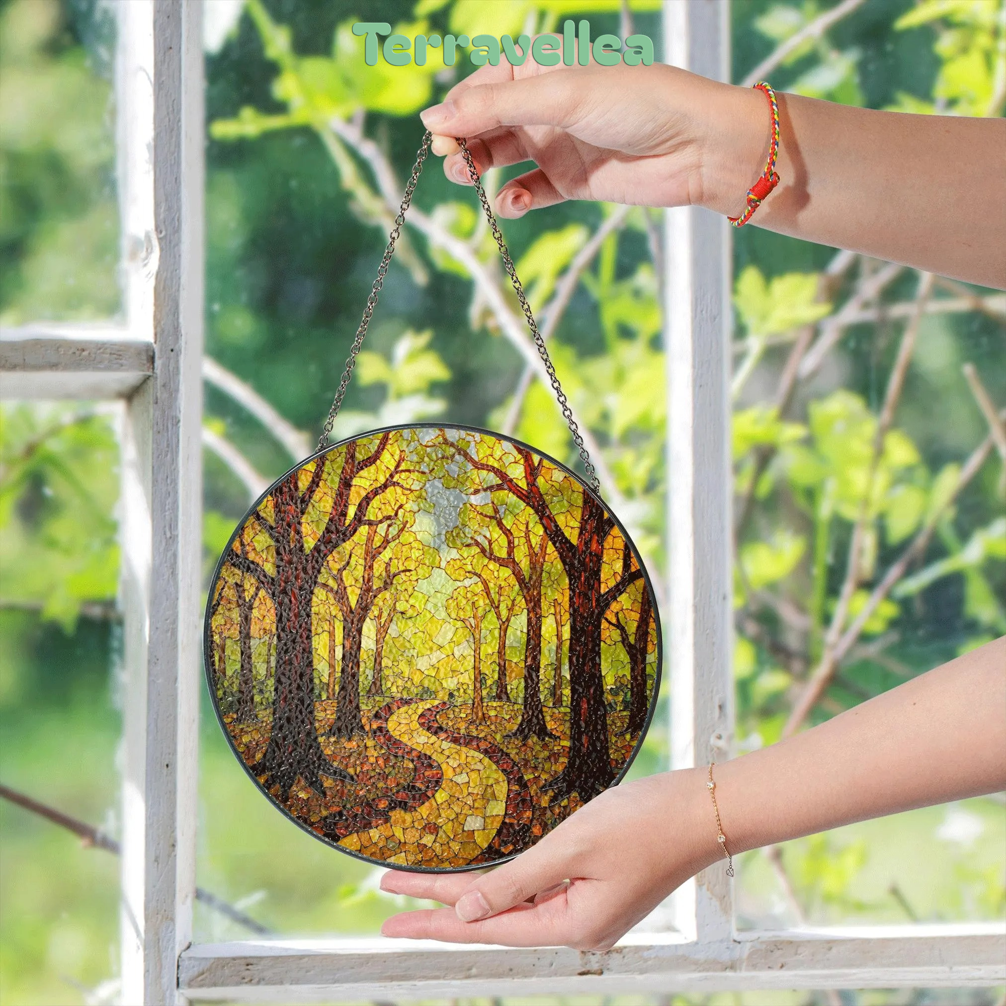 Autumn Forest Path Round Suncatcher Stained Glass Window Decor Gift for Nature Lovers - image 5
