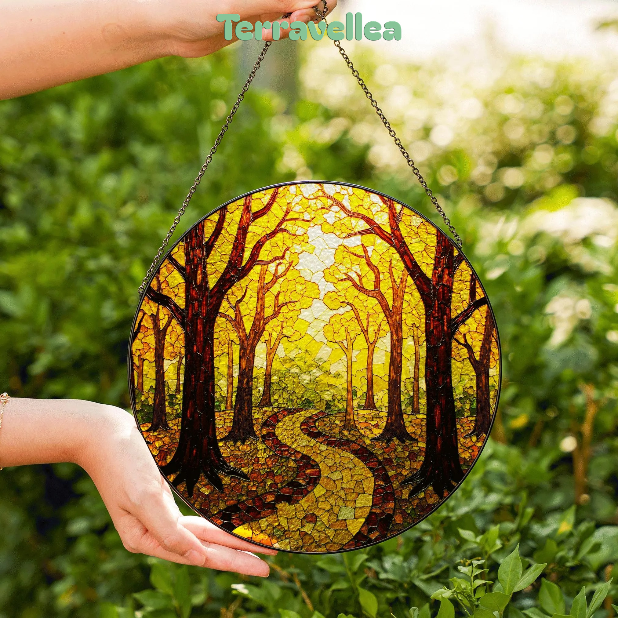 Autumn Forest Path Round Suncatcher Stained Glass Window Decor Gift for Nature Lovers - image 6