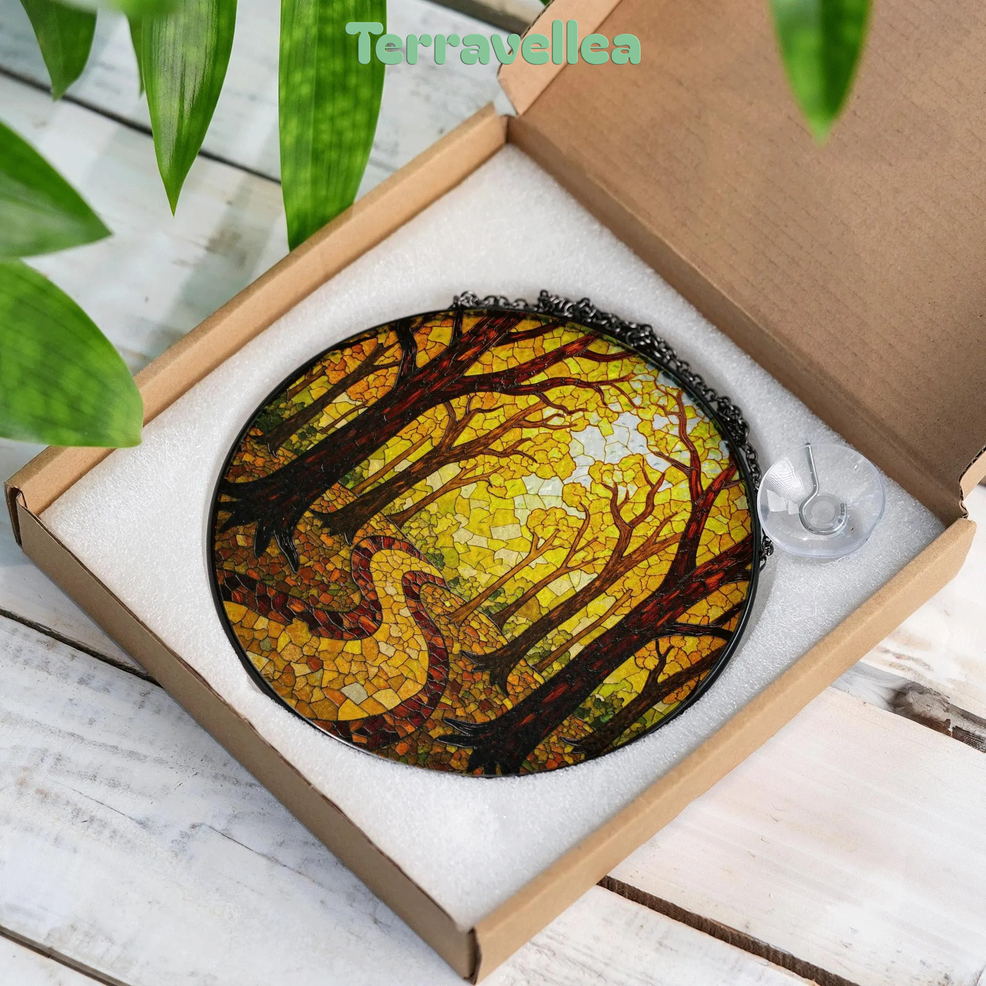 Autumn Forest Path Round Suncatcher Stained Glass Window Decor Gift for Nature Lovers - image 9